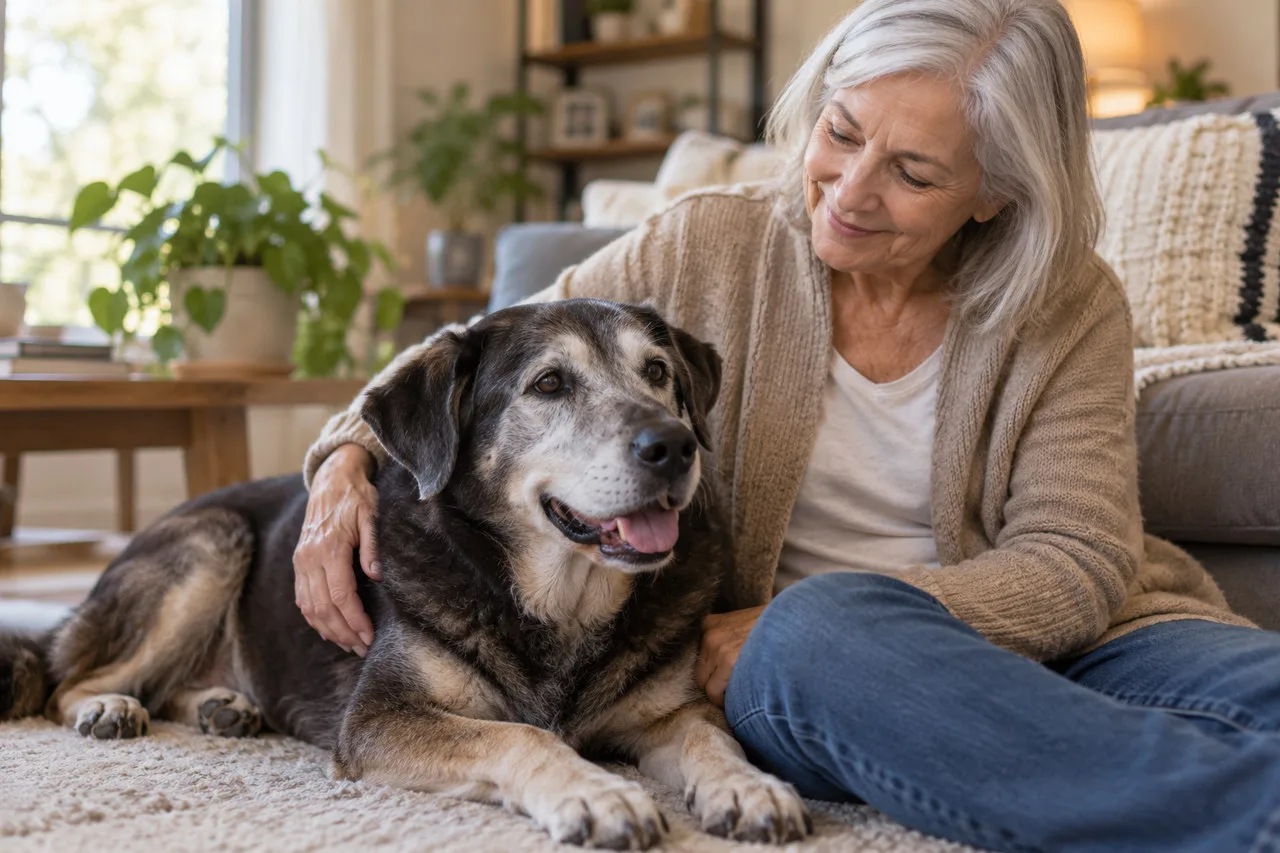 Owner sitting beside a dog in a bright home